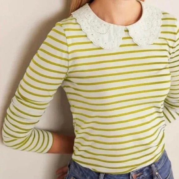 Boden Tops - Boden Lime Green and White Striped Peter Pan Collar Top